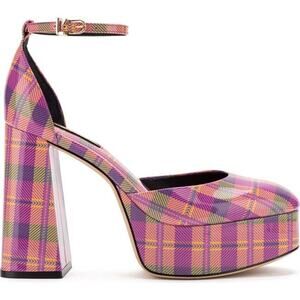 Larroude Ari Platform Mary Jane Pump in Tartan Pink Patent Leather Size 8.5